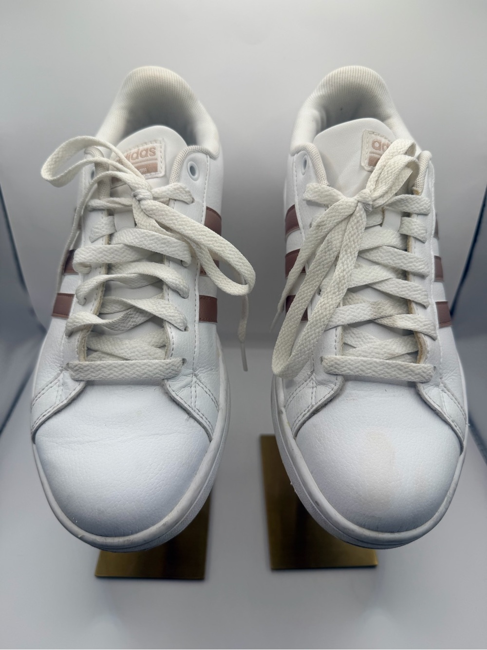 Adidas Grand Court Cloudfoam White Rose Gold 3 Stripe Leather Sneakers